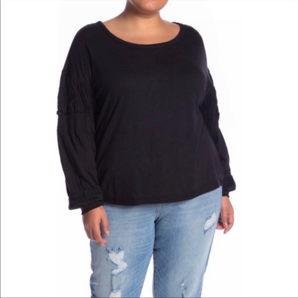Melrose and Market Smocked Long Sleeve Cotton Blend Blouse Top Black Size 3X